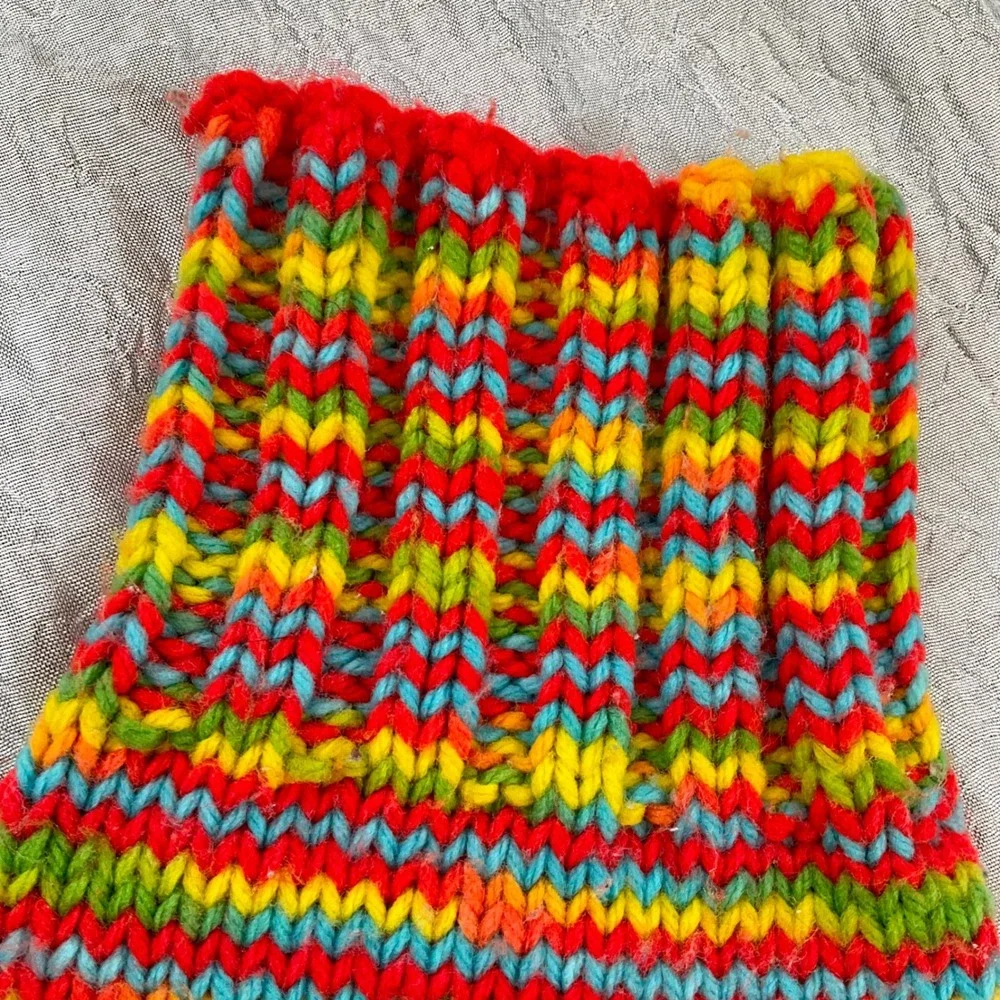 Hand Knit Rainbow Striped Crew Slipper‎ Socks Multicolored Boho Cozy Unisex